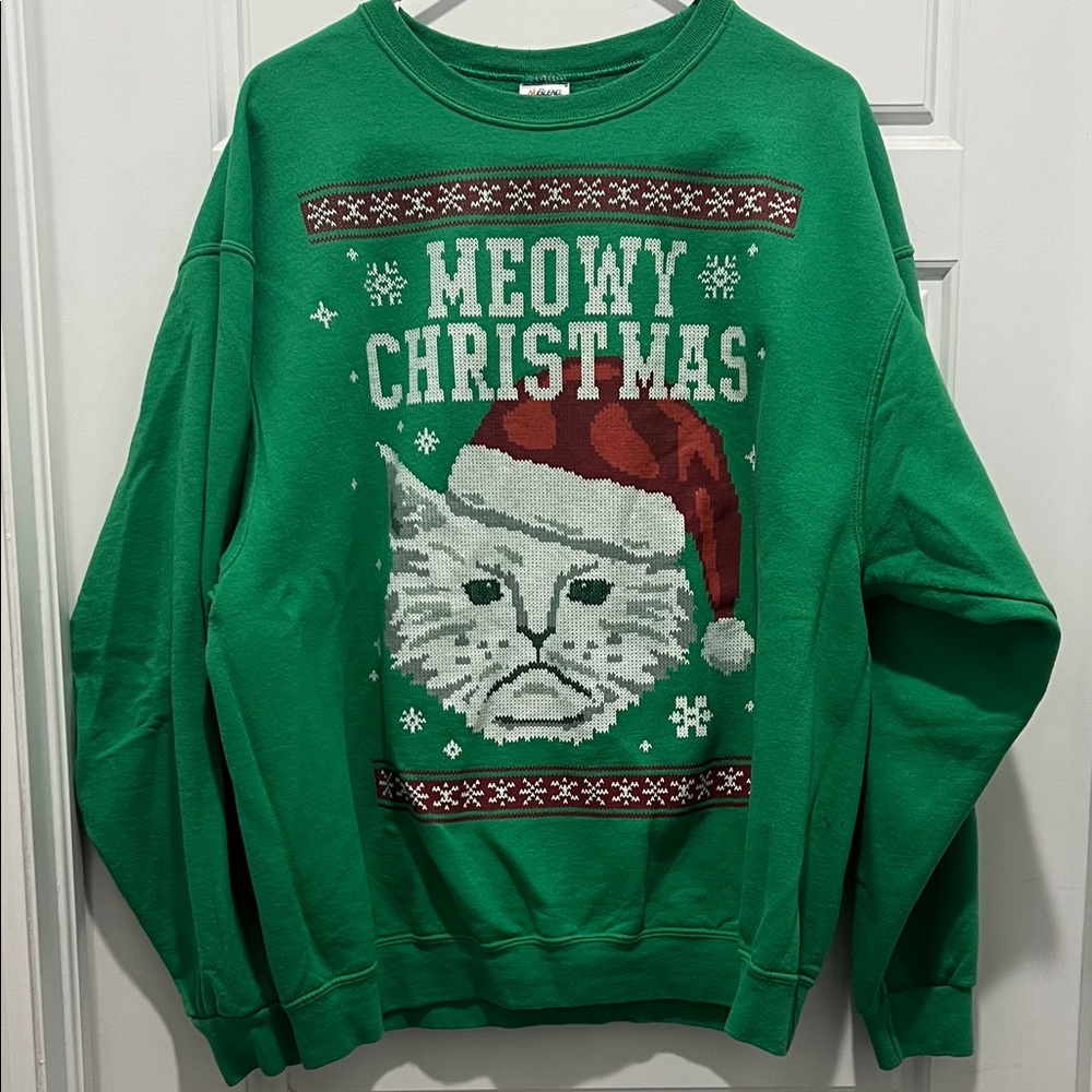 Jerzees Green Meowy Christmas Sweatshirt
